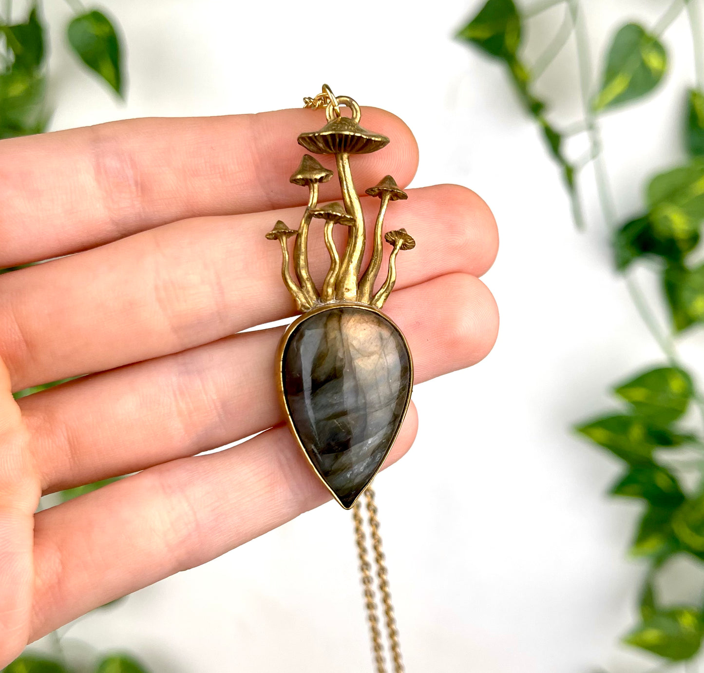 Brass Mushroom Labradorite Necklace