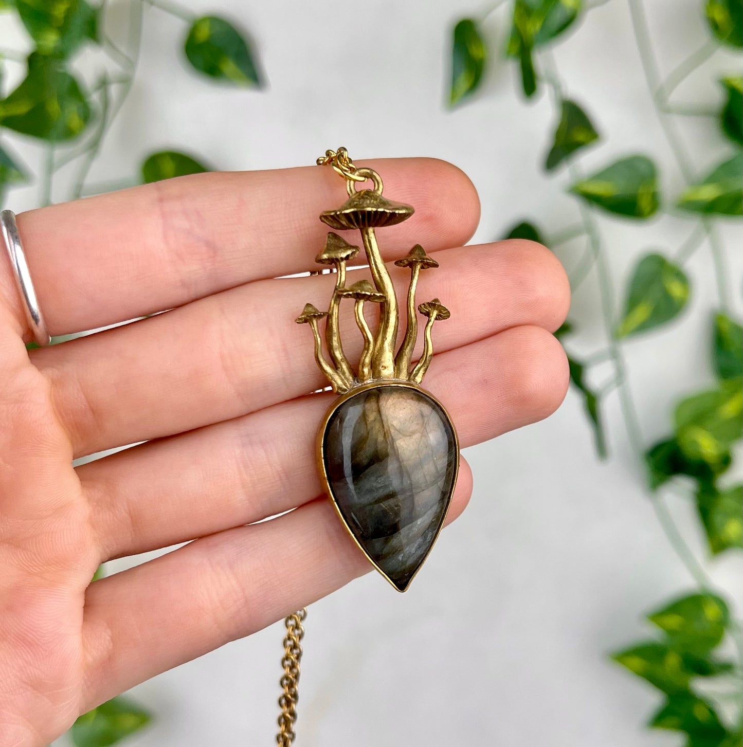 Brass Mushroom Labradorite Necklace