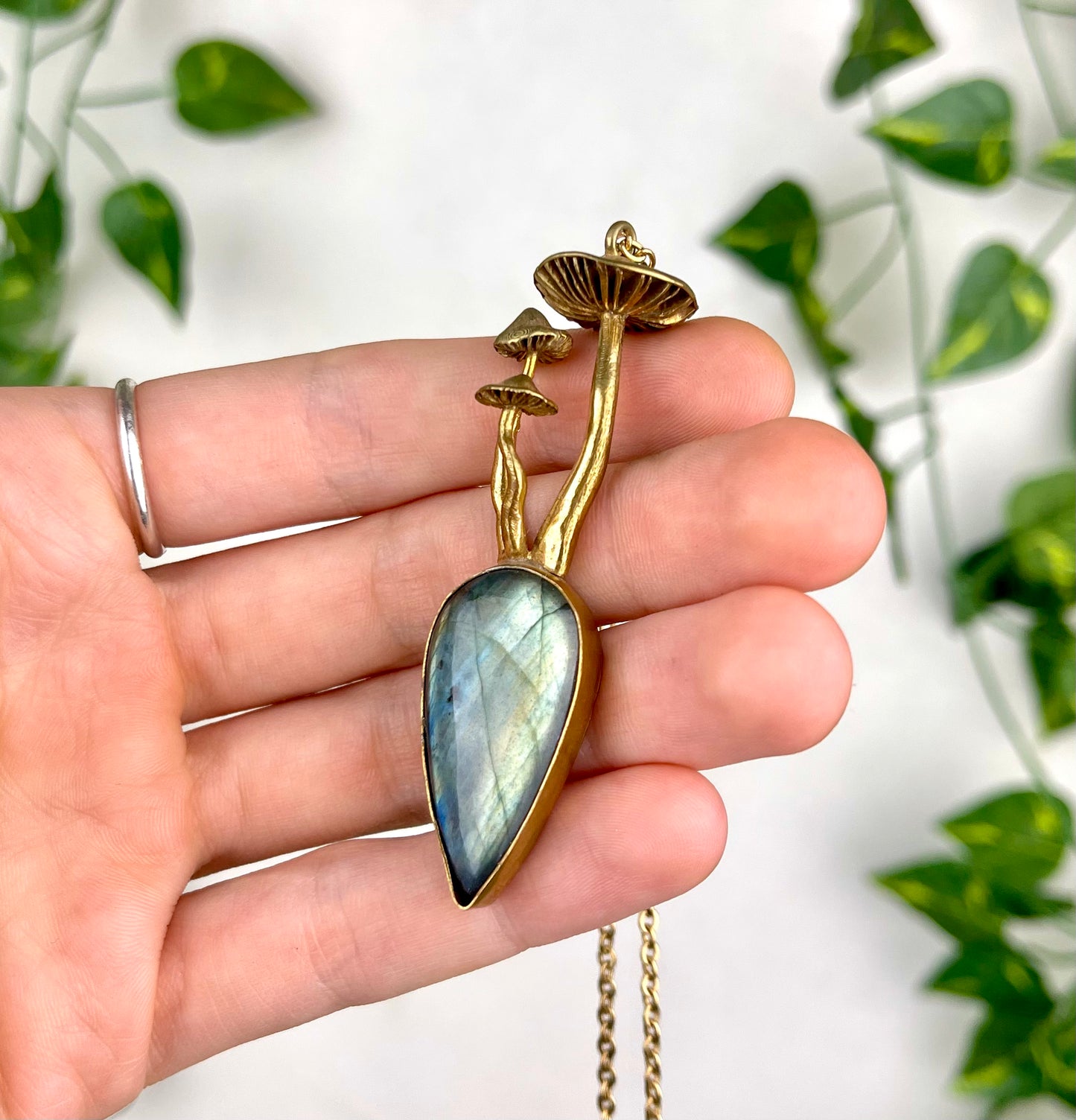 Brass Mushroom Labradorite Necklace